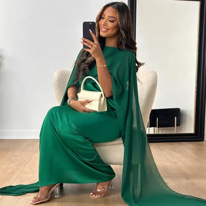 Women's Maxi Dress - Chiffon - Relaxed Fit - Boat Neck - Full-Length Cape Sleeves