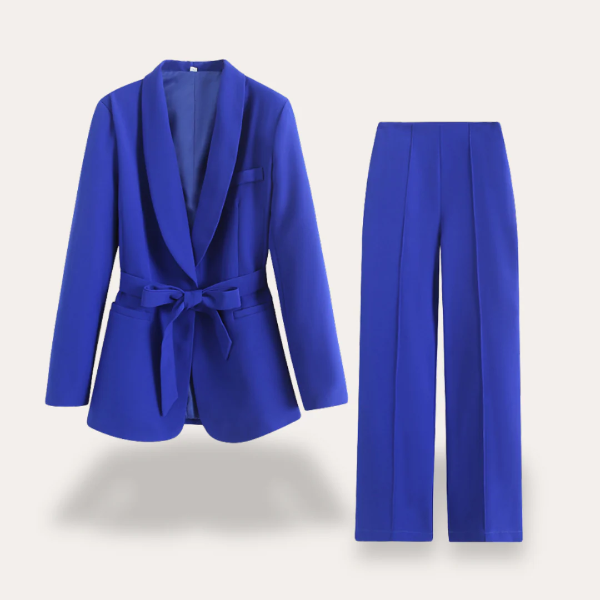 Women’s Blazer and Pants Set – Tailored Fit – Shawl Lapel – Belted Waist – Wide Leg