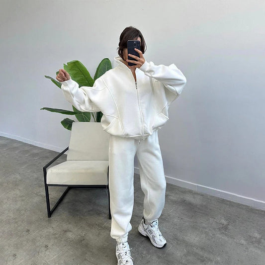 Women’s Two-Piece Set – Cotton Blend – Relaxed Fit – Stand Collar Zip Sweatshirt & Joggers
