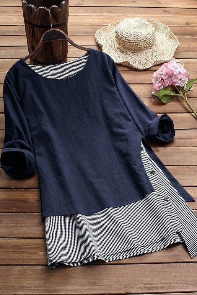 Women’s Casual Top – Relaxed Fit – Patchwork Hem – Long Sleeve – Cotton