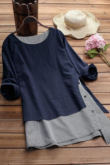 Women’s Casual Top – Relaxed Fit – Patchwork Hem – Long Sleeve – Cotton