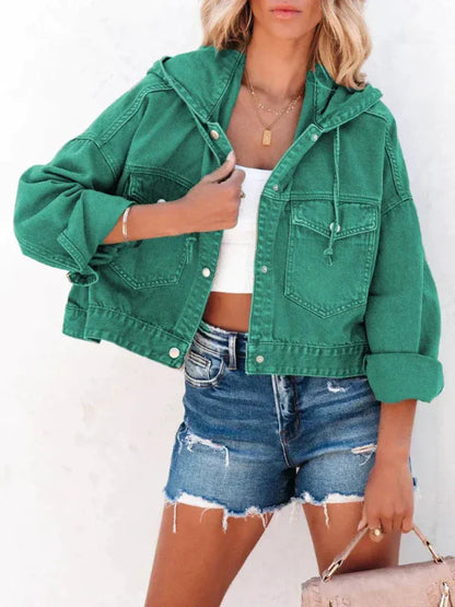 Women’s Denim Jacket – Relaxed Fit – Cropped Length – Hooded with Button Front