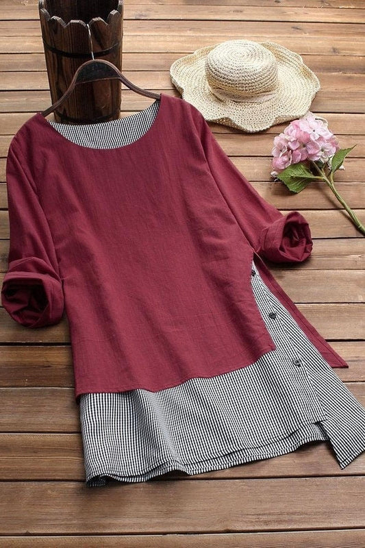 Women’s Casual Top – Relaxed Fit – Patchwork Hem – Long Sleeve – Cotton