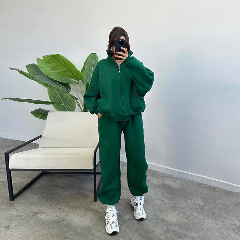 Women’s Two-Piece Set – Cotton Blend – Relaxed Fit – Stand Collar Zip Sweatshirt & Joggers