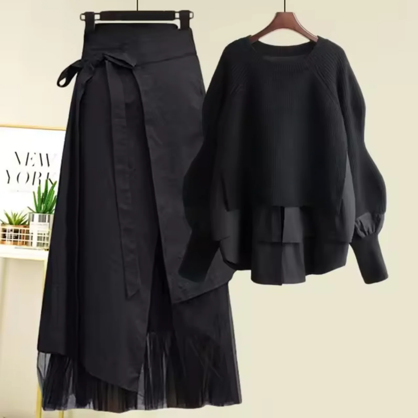 Women’s Two-Piece Set – Oversized Ribbed Knit Sweater – High Waist Wrap Midi Skirt