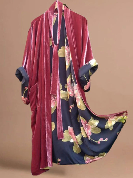 Women’s Cardigan Robe – Satin Finish – Relaxed Fit – Tie Waist – Full Length – Floral Lined