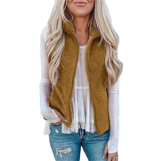 Women’s Vest – Fuzzy Plush Texture – Relaxed Fit – Zipper Front – High Collar Layering