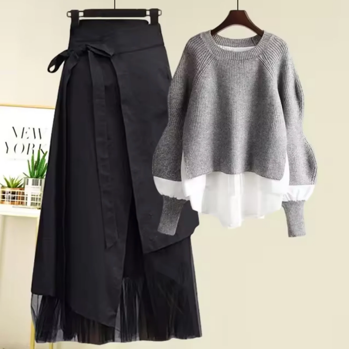 Women’s Two-Piece Set – Oversized Ribbed Knit Sweater – High Waist Wrap Midi Skirt