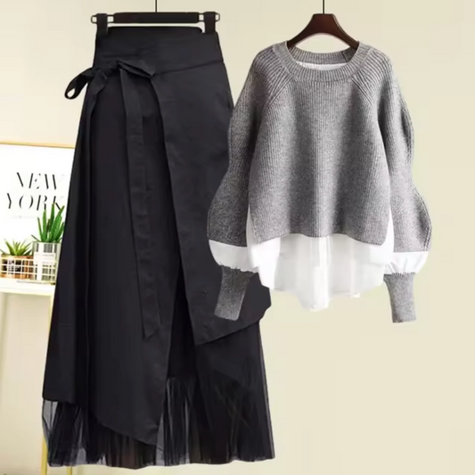 Women’s Two-Piece Set – Oversized Ribbed Knit Sweater – High Waist Wrap Midi Skirt