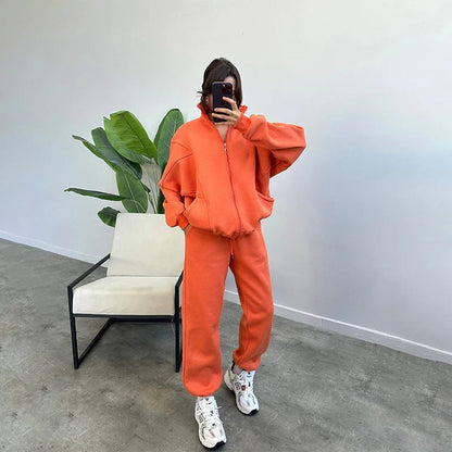 Women’s Two-Piece Set – Cotton Blend – Relaxed Fit – Stand Collar Zip Sweatshirt & Joggers
