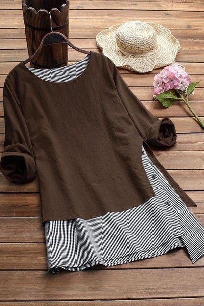 Women’s Casual Top – Relaxed Fit – Patchwork Hem – Long Sleeve – Cotton