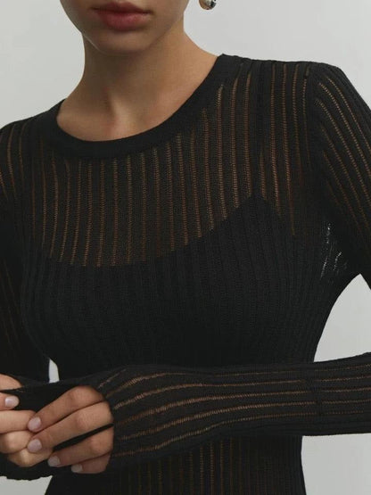 Women’s Sheer Top – Slim Fit – Lightweight Knit – Long Sleeve – Vertical Stripe