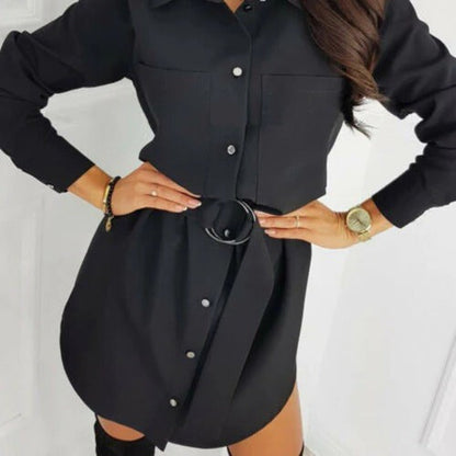 Women’s Shirt Dress – Relaxed Fit – Belted Waist – Button Front – Long Sleeve – Cotton