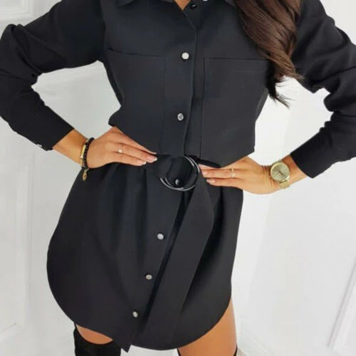 Women’s Shirt Dress – Relaxed Fit – Belted Waist – Button Front – Long Sleeve – Cotton