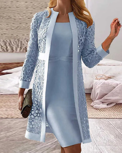 Women’s Two-Piece Set – Lace Knit Jacket – Slim Fit Sleeveless Dress – Knee Length