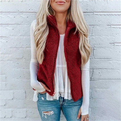 Women’s Vest – Fuzzy Plush Texture – Relaxed Fit – Zipper Front – High Collar Layering