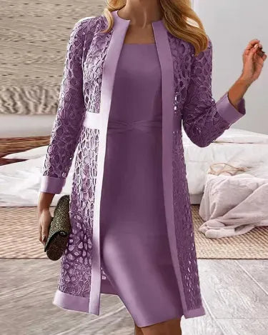Women’s Two-Piece Set – Lace Knit Jacket – Slim Fit Sleeveless Dress – Knee Length