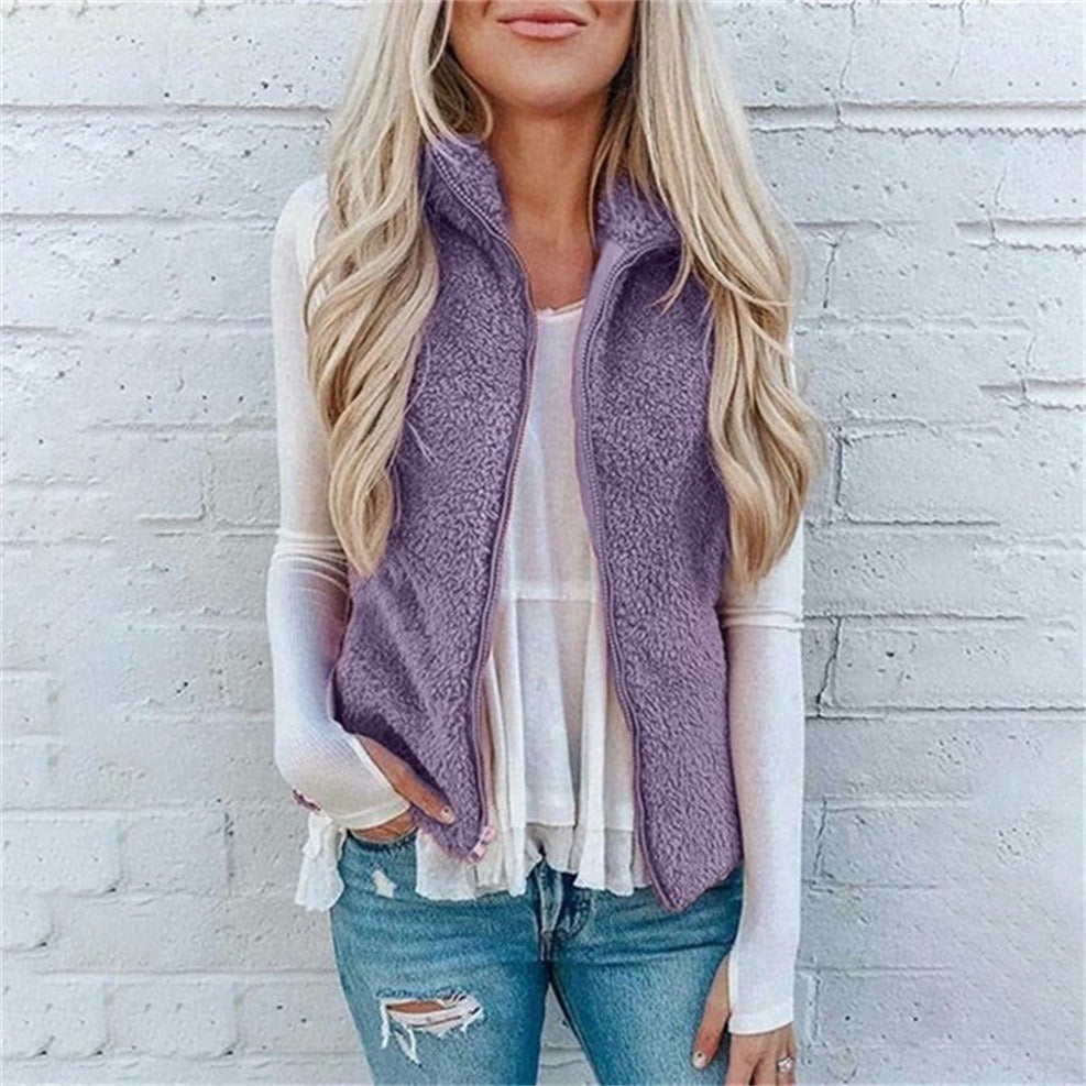 Women’s Vest – Fuzzy Plush Texture – Relaxed Fit – Zipper Front – High Collar Layering
