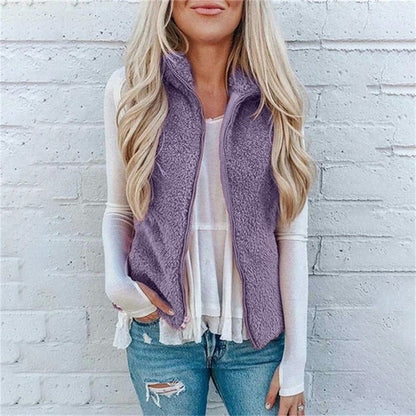 Women’s Vest – Fuzzy Plush Texture – Relaxed Fit – Zipper Front – High Collar Layering