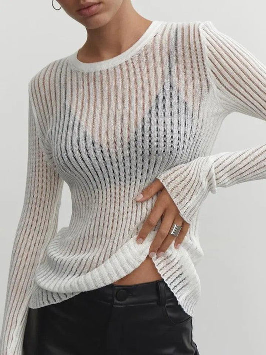 Women’s Sheer Top – Slim Fit – Lightweight Knit – Long Sleeve – Vertical Stripe