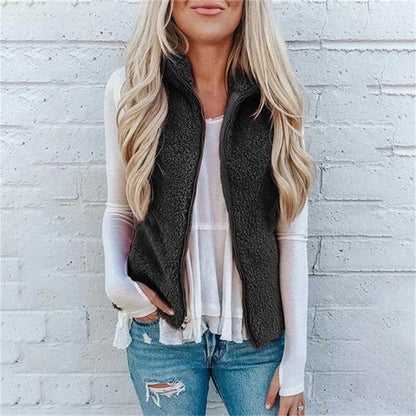 Women’s Vest – Fuzzy Plush Texture – Relaxed Fit – Zipper Front – High Collar Layering