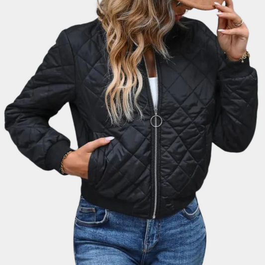 Women’s Bomber Jacket – Quilted Design – Relaxed Fit – Ribbed Cuffs and Hem – Zip Up