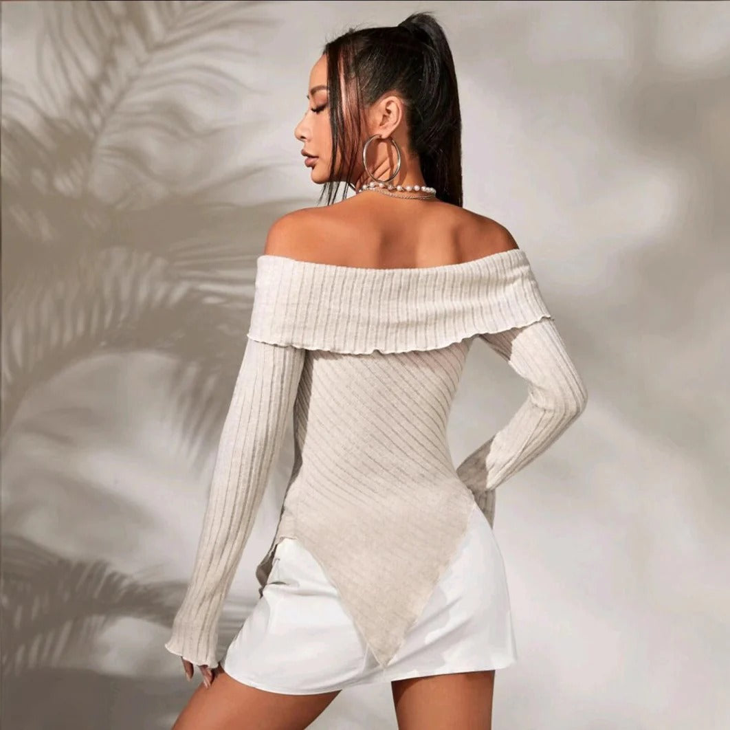 Women’s Off-Shoulder Top – Ribbed Knit – Slim Fit – Asymmetric Hem – Decorative Trim