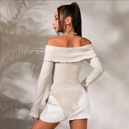Women’s Off-Shoulder Top – Ribbed Knit – Slim Fit – Asymmetric Hem – Decorative Trim