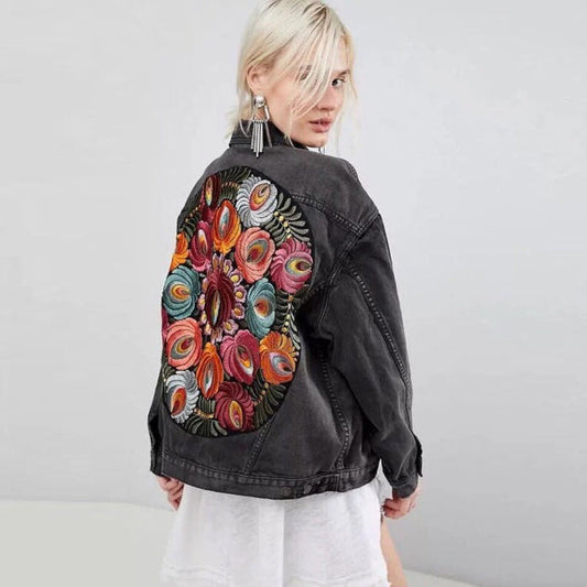 Women’s Denim Jacket – Oversized Fit – Boho Embroidered Back – Hip Length Casual Layer