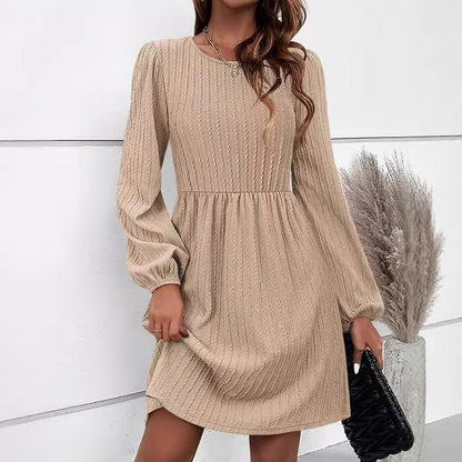 Women’s Knit Dress – Fit and Flare – Jacquard Texture – Puff Sleeve – Round Neckline