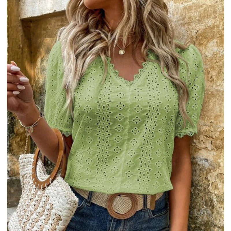 Women’s Short Sleeve Shirt – Relaxed Fit – Eyelet Pattern – Scalloped V-Neck – Cotton
