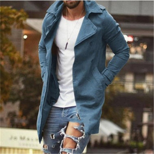 Men’s Mid-Length Coat – Slim Fit – Cotton Blend – Double-Breasted Notched Lapel