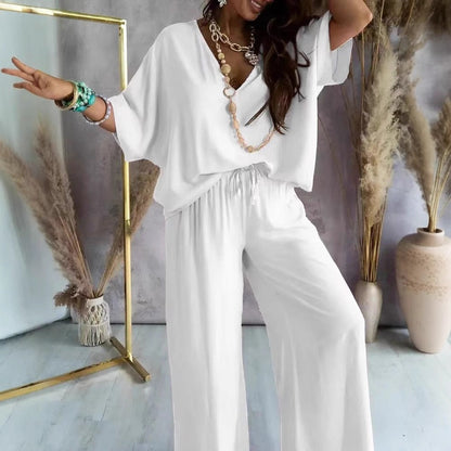Women’s Two-Piece Set – V-Neck T-Shirt – Loose Fit – Cotton Linen – 3/4 Sleeve Casual Top