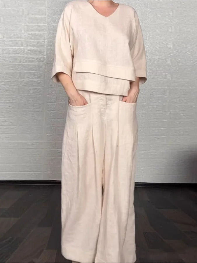 Women’s Two-Piece Set – Oversized V-Neck Top – Wide-Leg High-Waist Pants – Cotton Linen