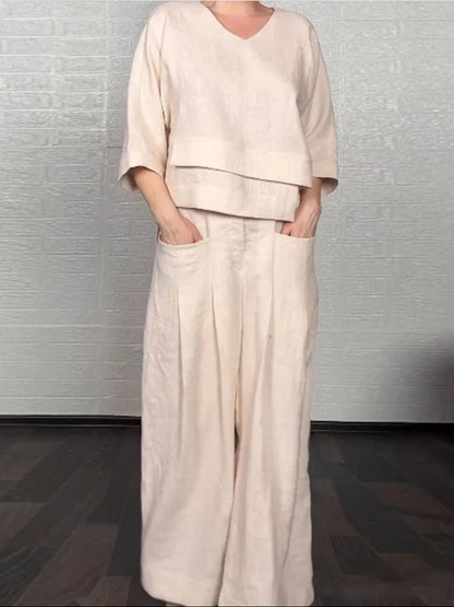 Women’s Two-Piece Set – Oversized V-Neck Top – Wide-Leg High-Waist Pants – Cotton Linen