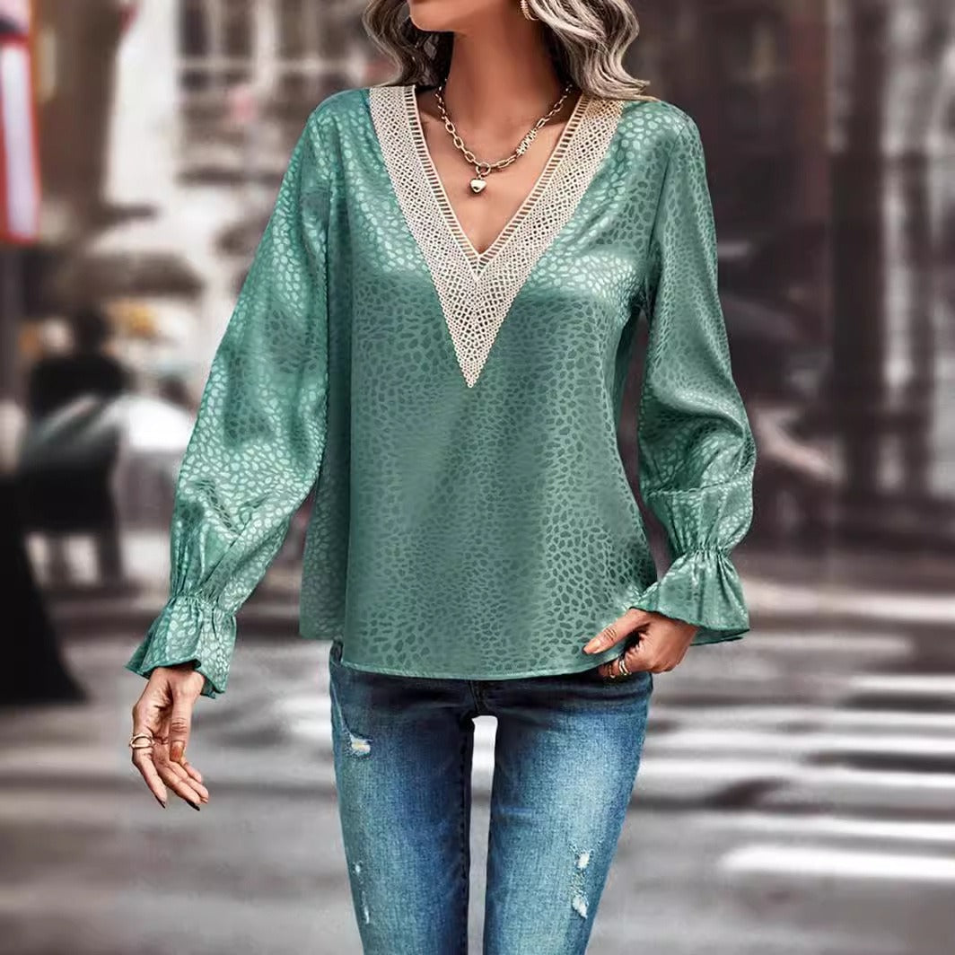 Women’s Pullover Shirt – Relaxed Fit – Lace V-Neck – Jacquard Texture – Flared Cuffs