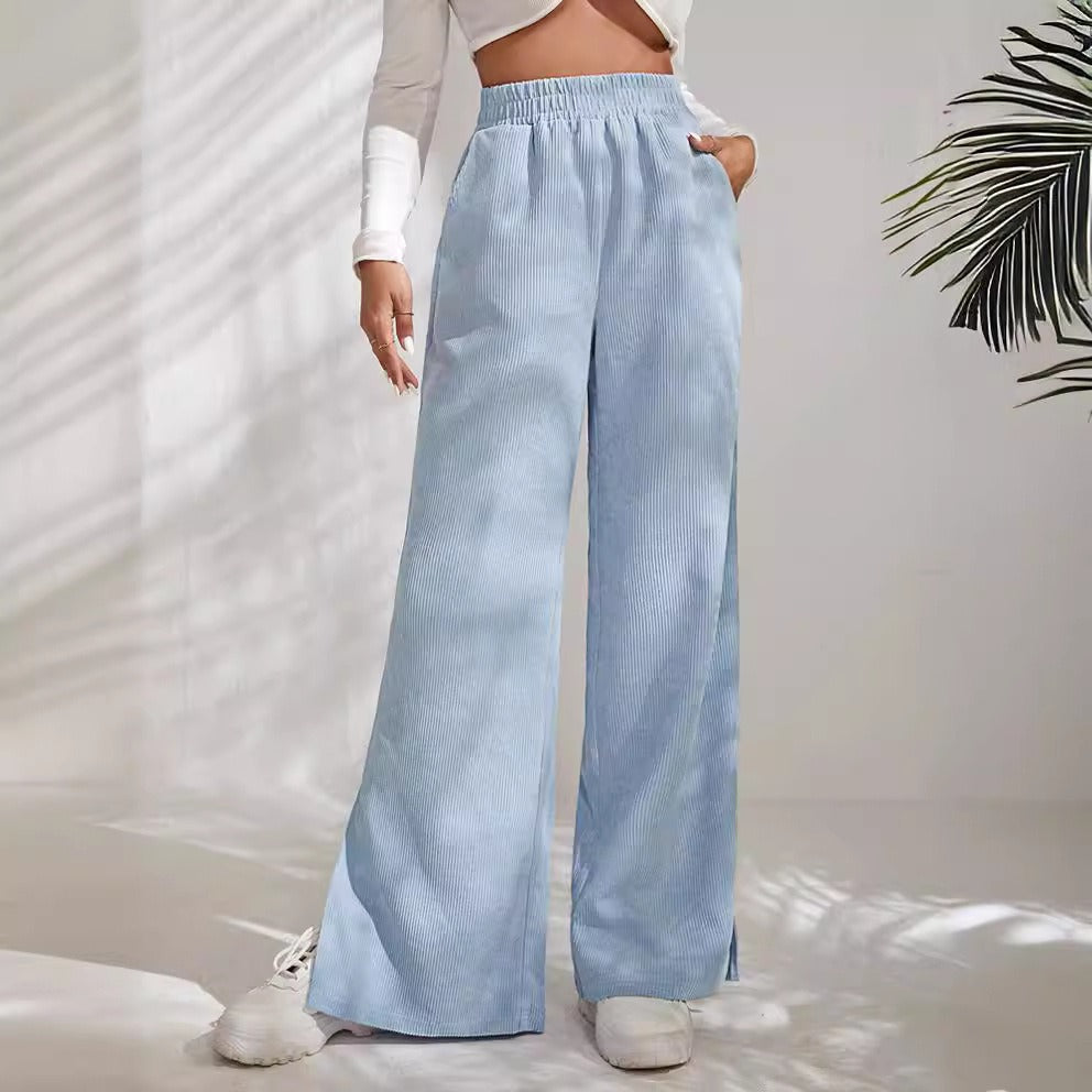 Women’s Wide-Leg Pants – High Waist – Corduroy – Split Hem – Side Pockets