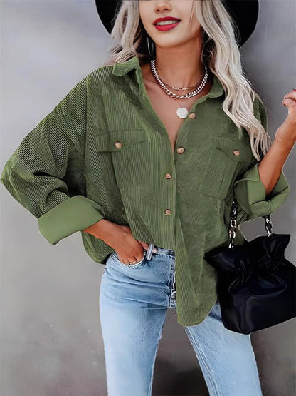 Women’s Corduroy Coat – Loose Fit – Button Front – Long Sleeve Casual Style