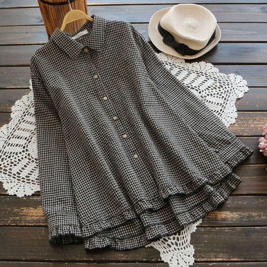 Women’s Button-Down Shirt – Cotton Linen – Loose Fit – A-Line Ruffle Hem – Checkered