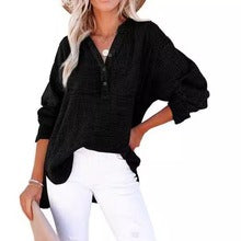Women’s Long Sleeve Shirt – Loose Fit – Cotton – Pleated Front – Button-Up Style