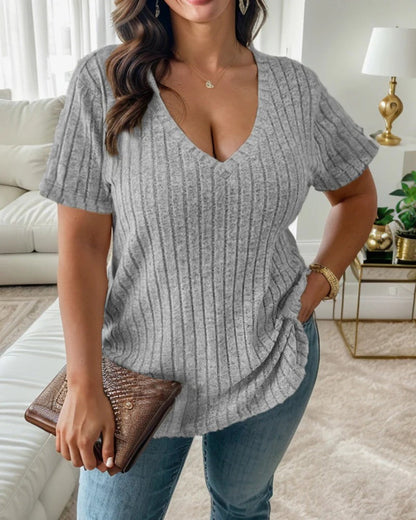 Women's V-Neck Top - Knit - Relaxed Silhouette - Ribbed Texture