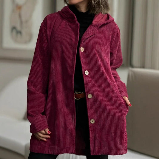 Women’s Casual Jacket – Corduroy Textured – Loose Fit – Hooded Mid-Thigh Length