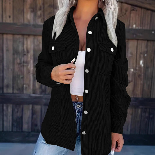 Women’s Shirt Jacket – Corduroy – Relaxed Fit – Button Front – Hip Length – Casual Layering