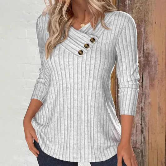 Women’s T-Shirt – Ribbed Knit – Asymmetrical V-Neck – Button Detail – Relaxed Fit