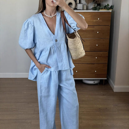 Women’s Two-Piece Set – V-Neck Puff Sleeve Top – High-Waist Wide-Leg Pants – Cotton