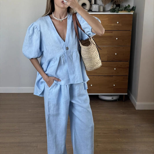 Women’s Two-Piece Set – V-Neck Puff Sleeve Top – High-Waist Wide-Leg Pants – Cotton