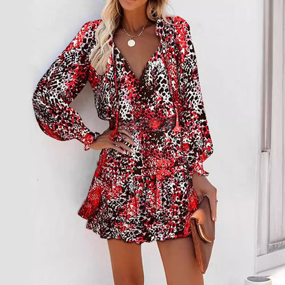 Women’s Mini Dress – A-Line Fit – Silk Feel – Long Sleeve – Printed Ruffle Hem