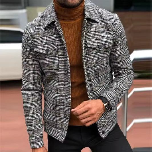 Men's Plaid Jacket – Slim Fit – Lightweight Woven – Turn-Down Collar – Chest Pockets