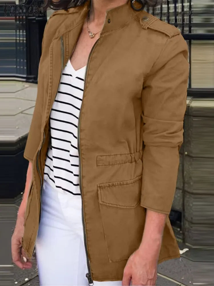Women’s Cargo Jacket – Cotton – Relaxed Fit – Zip Front – Stand Collar – Flap Pockets