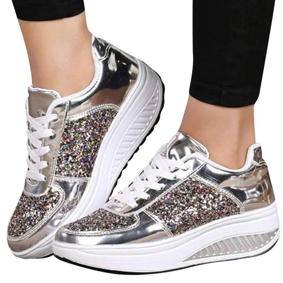 Women’s Sneakers – Platform Sole – Glitter and Gloss Finish – Low-Top Lace-Up Casual